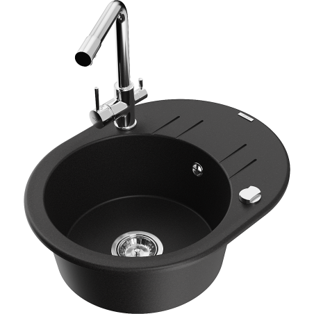 Mexen Kevin 1-Bowl Granite Kitchen Sink with Drainer and Duero Faucet, Black - 6517-77-671600-00