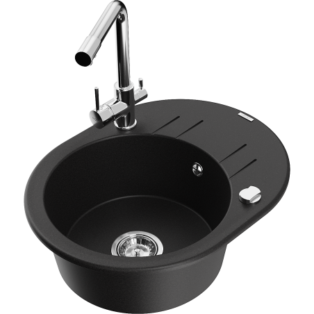 Mexen Kevin granite sink 1-bowl with drainer and Duero kitchen tap, black - 6517-77-671600-00
