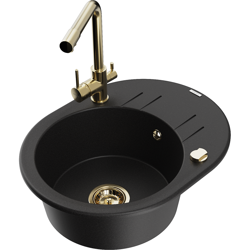 Mexen Kevin 1-compartment granite sink with a drip tray and kitchen mixer tap Duero, Black - 6517-77-671600-50