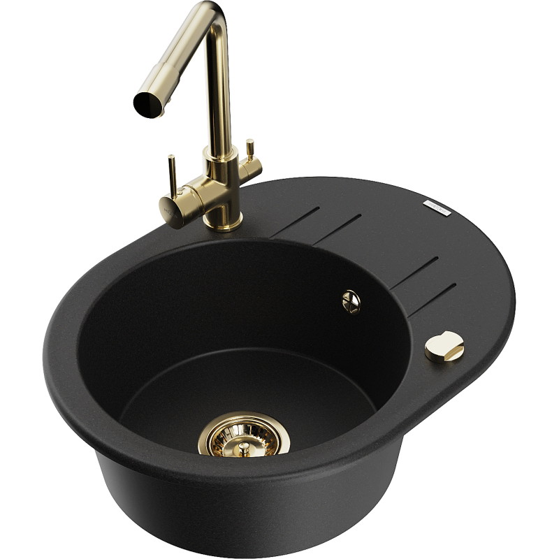 Mexen Kevin granite single-bowl sink with drainer and Duero kitchen faucet, black - 6517-77-671600-50