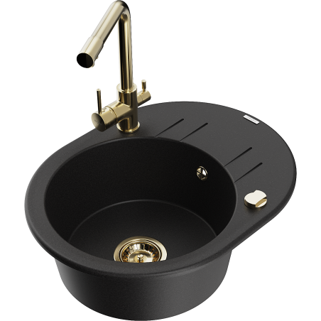 Mexen Kevin granite single-bowl sink with drainer and Duero kitchen faucet, black - 6517-77-671600-50