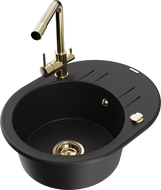 Mexen Kevin granite sink 1-bowl with drainer and Duero kitchen tap, black - 6517-77-671600-50