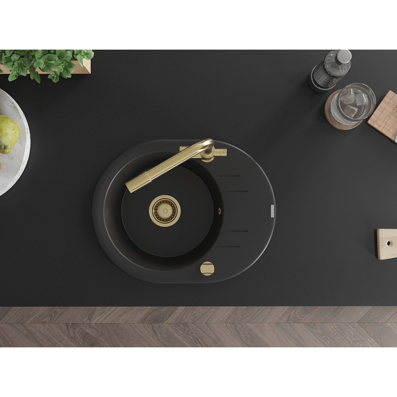 Mexen Kevin granite single-bowl sink with drainer and Duero kitchen faucet, black - 6517-77-671600-50