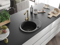 Mexen Kevin single-bowl granite sink with drainer and Duero kitchen tap, black - 6517-77-671600-50-B
