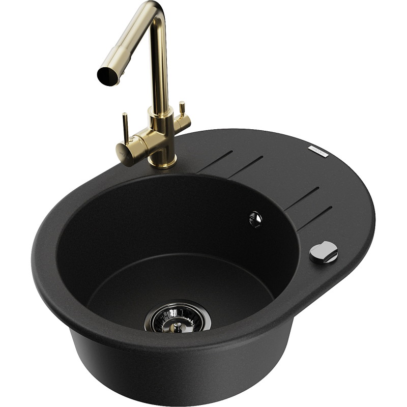 Mexen Kevin granite kitchen sink 1-bowl with drainer and Duero kitchen faucet, black - 6517-77-671600-50-B