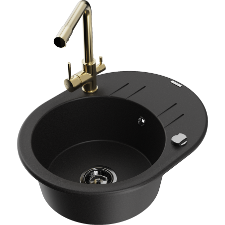 Mexen Kevin 1-bowl granite sink with drainer and Duero kitchen faucet, black - 6517-77-671600-50-B