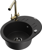 Mexen Kevin 1-compartment granite sink with a drip tray and kitchen mixer tap Duero, Black - 6517-77-671600-50-B