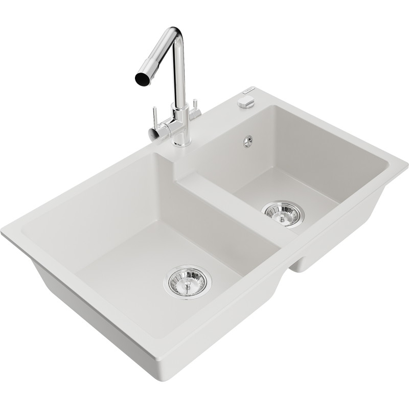 Mexen Tomas 2-bowl granite kitchen sink with Duero faucet, white - 6516-20-671600-00