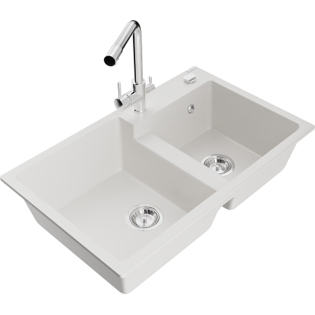 Mexen Tomas 2-bowl granite sink with Duero kitchen tap, white - 6516-20-671600-00