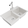 Mexen Tomas 2-bowl granite kitchen sink with Duero faucet, white - 6516-20-671600-00