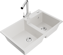 Mexen Tomas 2-bowl granite sink with Duero kitchen tap, white - 6516-20-671600-00