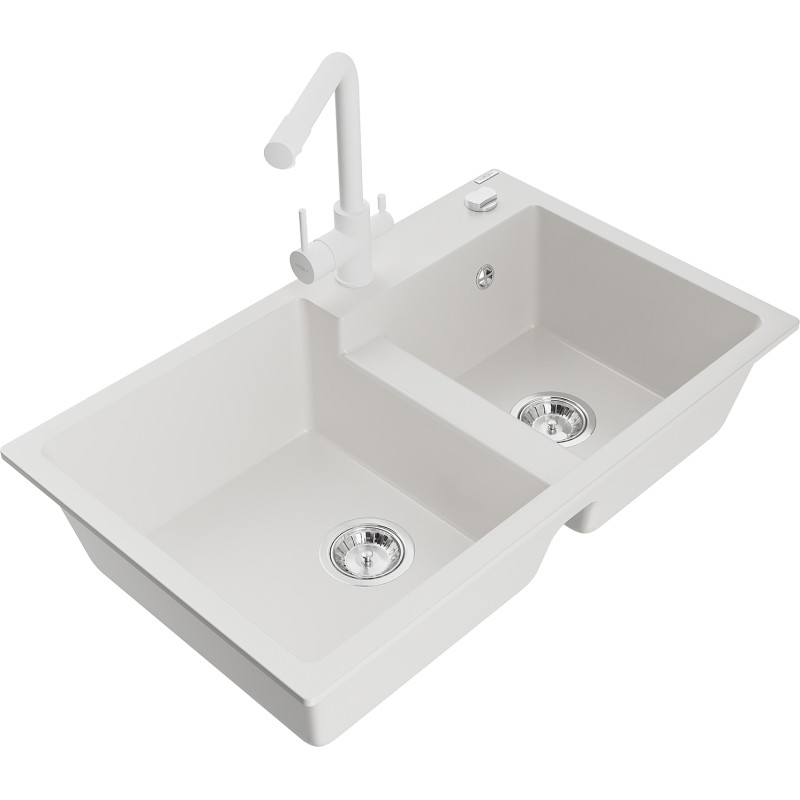 Mexen Tomas granite 2-bowl kitchen sink with Duero kitchen faucet, white - 6516-20-671600-20