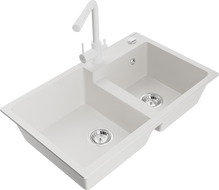 Mexen Tomas granite 2-bowl kitchen sink with Duero tap, white - 6516-20-671600-20