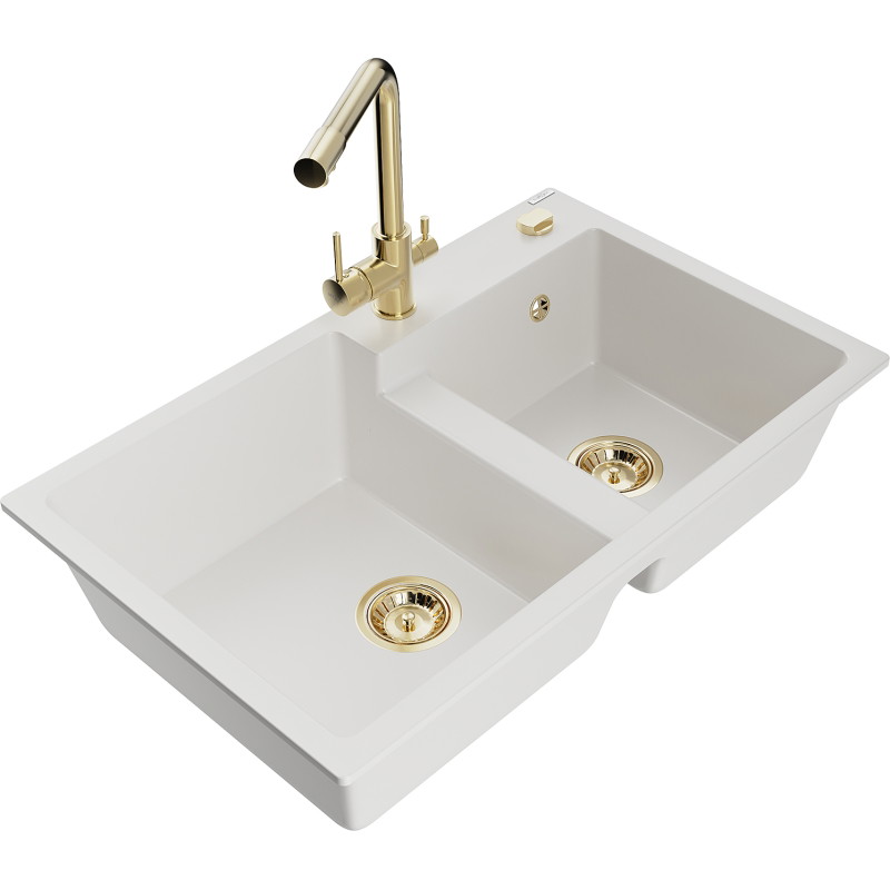 Mexen Tomas 2-compartment granite sink with Duero kitchen faucet, white - 6516-20-671600-50
