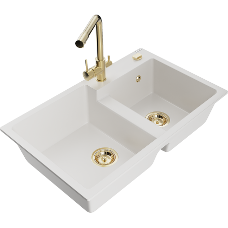 Mexen Tomas 2-compartment granite sink with Duero kitchen faucet, white - 6516-20-671600-50