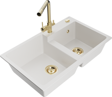 Mexen Tomas 2-compartment granite sink with Duero kitchen faucet, white - 6516-20-671600-50