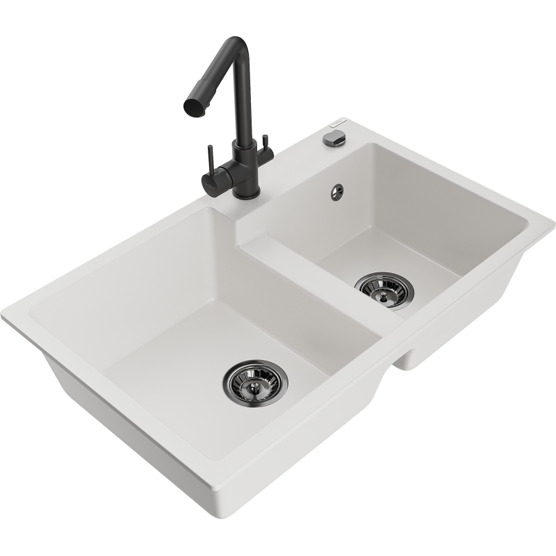 Mexen Tomas 2-compartment granite sink with a kitchen mixer tap Duero, White - 6516-20-671600-70