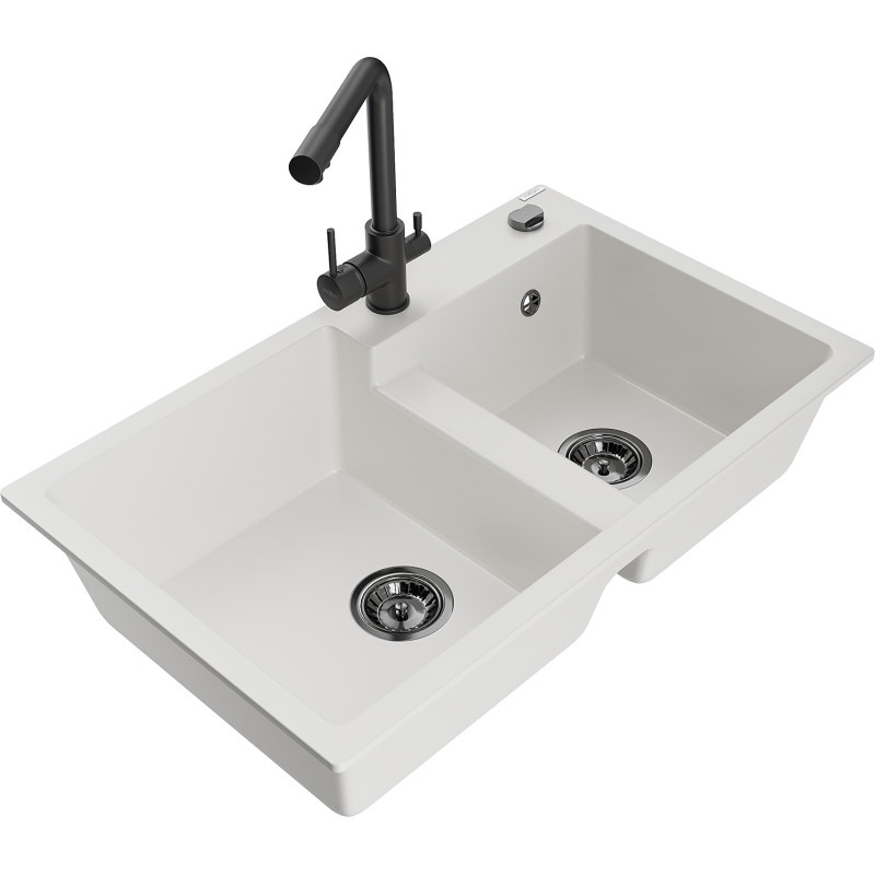 Mexen Tomas 2-compartment granite sink with Duero kitchen faucet, white - 6516-20-671600-70