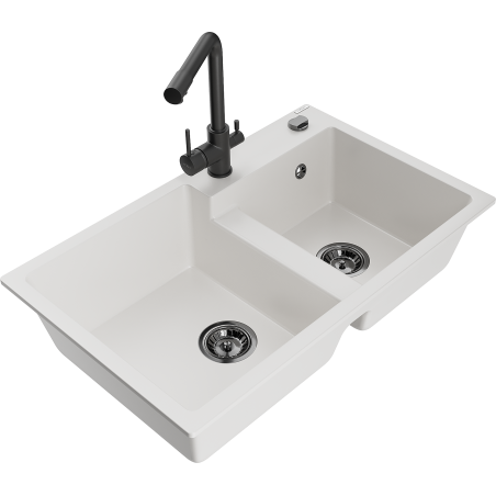 Mexen Tomas granite kitchen sink 2-bowl with Duero kitchen faucet, white - 6516-20-671600-70