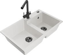 Mexen Tomas 2-compartment granite sink with Duero kitchen faucet, white - 6516-20-671600-70