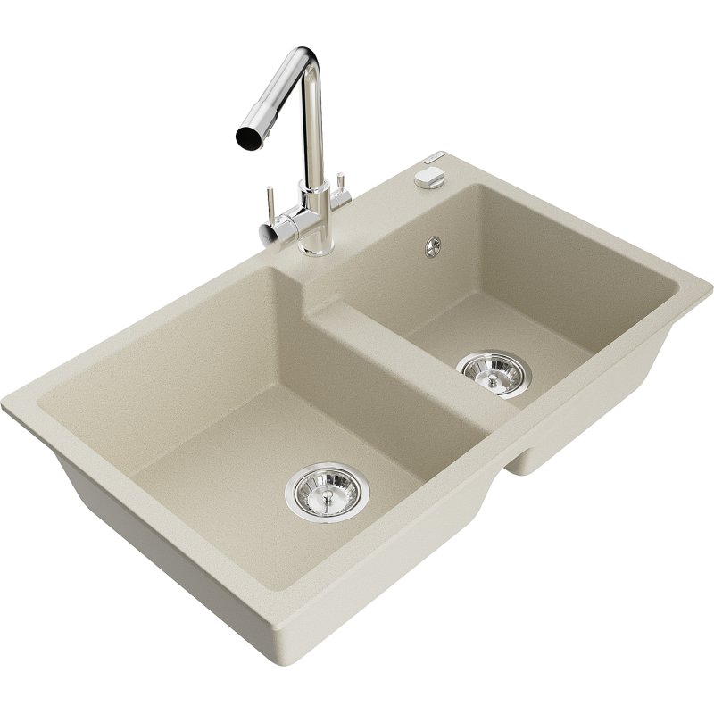 Mexen Tomas 2-compartment granite sink with a kitchen mixer tap Duero, Beige - 6516-69-671600-00