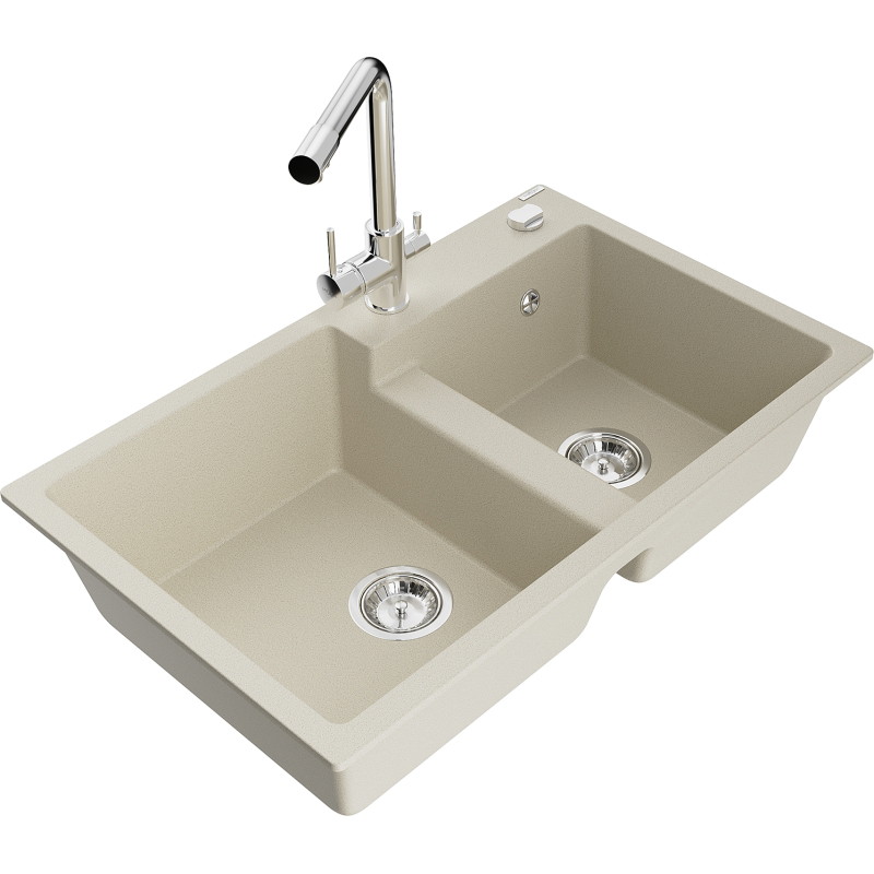 Mexen Tomas granite double-bowl kitchen sink with Duero faucet, beige - 6516-69-671600-00