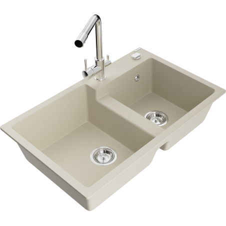 Mexen Tomas granite double-bowl kitchen sink with Duero faucet, beige - 6516-69-671600-00