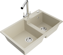 Mexen Tomas granite sink double-bowl with Duero kitchen tap, beige - 6516-69-671600-00