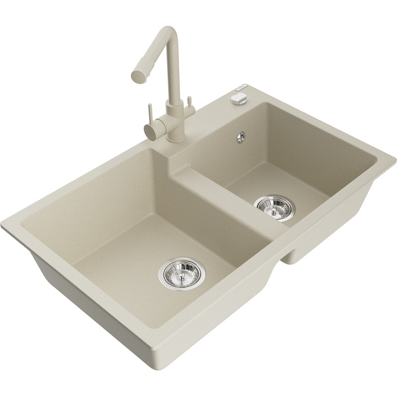 Mexen Tomas granite double-bowl kitchen sink with Duero faucet, beige - 6516-69-671600-69