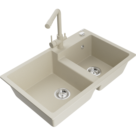 Mexen Tomas granite double-bowl kitchen sink with Duero faucet, beige - 6516-69-671600-69