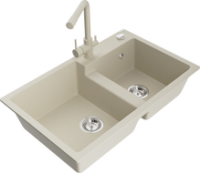 Mexen Tomas granite 2-bowl sink with Duero kitchen tap, beige - 6516-69-671600-69