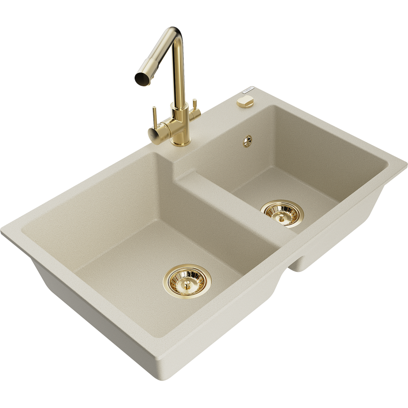 Mexen Tomas 2-compartment granite sink with a kitchen mixer tap Duero, Beige - 6516-69-671600-50