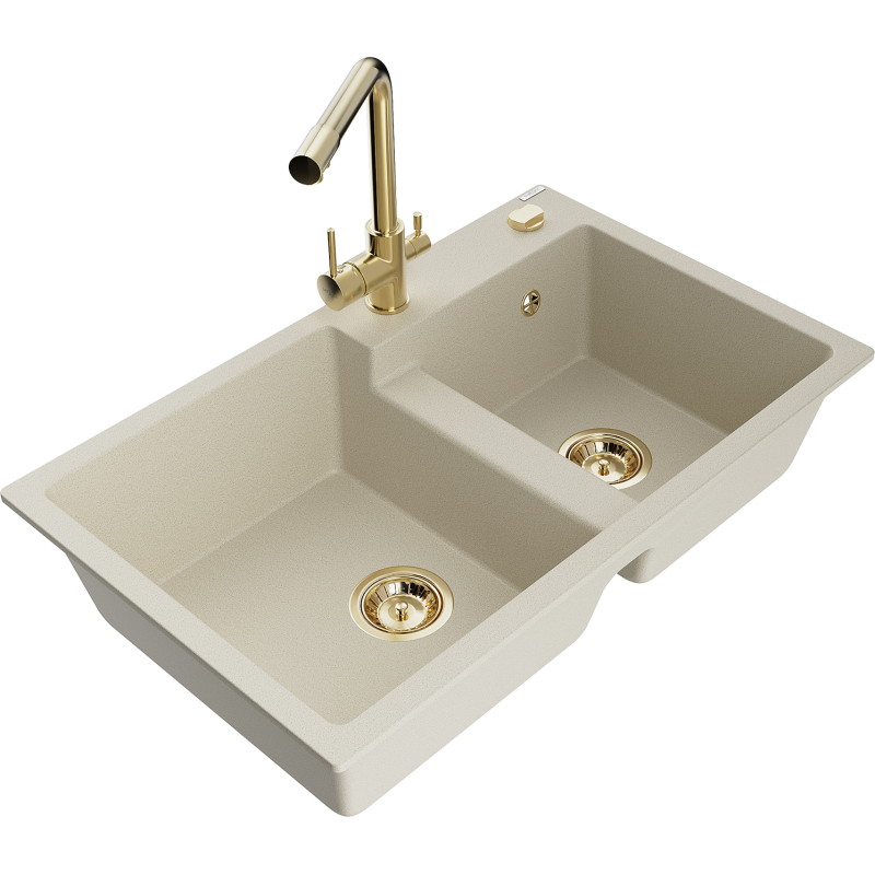 Mexen Tomas granite double-bowl sink with Duero kitchen faucet, beige - 6516-69-671600-50