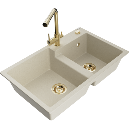 Mexen Tomas granite sink 2-chamber with Duero kitchen tap, beige - 6516-69-671600-50
