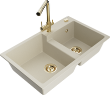 Mexen Tomas 2-bowl granite sink with Duero kitchen faucet, beige - 6516-69-671600-50