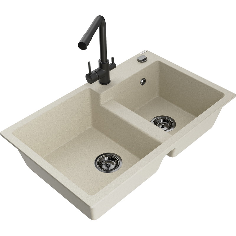Mexen Tomas 2-chamber granite sink with kitchen faucet Duero, beige - 6516-69-671600-70