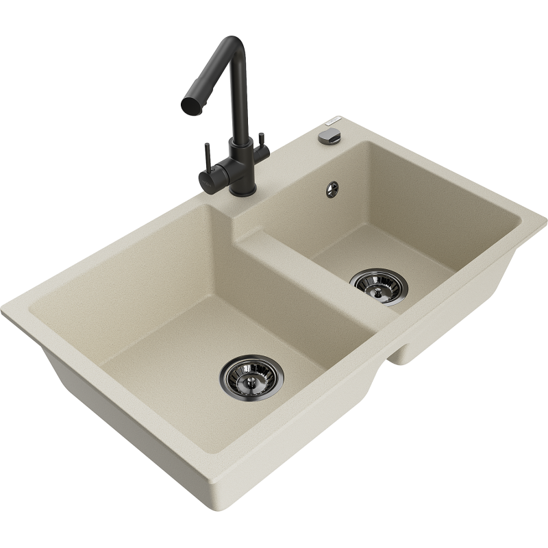 Mexen Tomas 2-compartment granite sink with a kitchen mixer tap Duero, Beige - 6516-69-671600-70