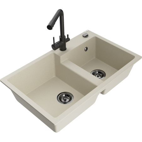 Mexen Tomas granite double-bowl kitchen sink with Duero faucet, beige - 6516-69-671600-70