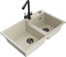 Mexen Tomas granite double-bowl kitchen sink with Duero faucet, beige - 6516-69-671600-70