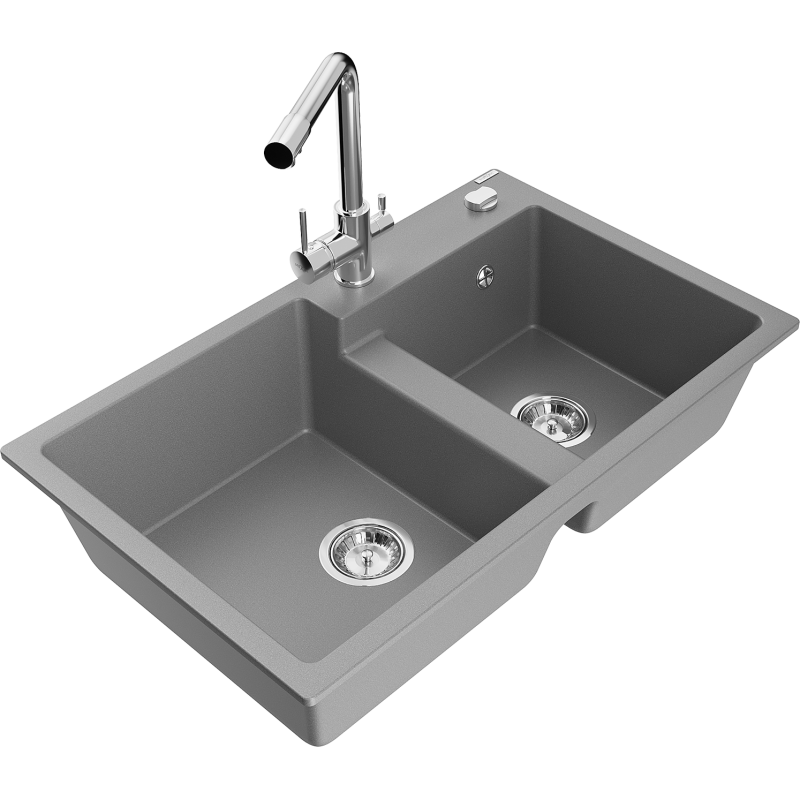 Mexen Tomas granite sink 2-chamber with Duero kitchen tap, grey - 6516-71-671600-00