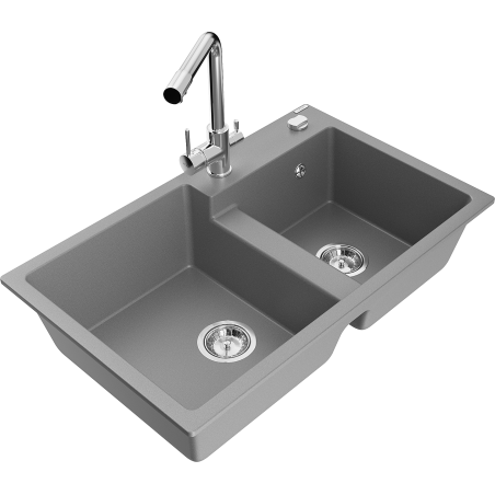 Mexen Tomas granite double-bowl kitchen sink with Duero faucet, gray - 6516-71-671600-00