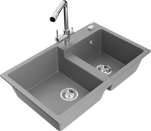 Mexen Tomas granite kitchen sink 2-bowl with Duero kitchen faucet, gray - 6516-71-671600-00