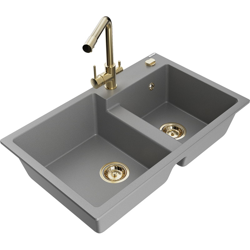 Mexen Tomas 2-bowl granite sink with Duero kitchen faucet, gray - 6516-71-671600-50