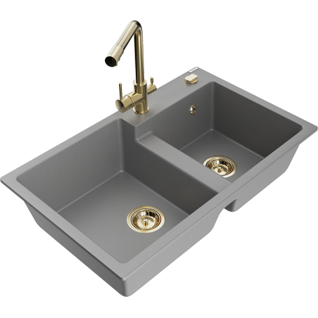 Mexen Tomas 2-bowl granite sink with Duero kitchen faucet, gray - 6516-71-671600-50