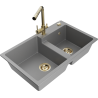 Mexen Tomas 2-bowl granite sink with Duero kitchen faucet, gray - 6516-71-671600-50