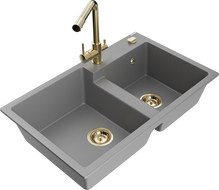 Mexen Tomas 2-bowl granite sink with Duero kitchen faucet, gray - 6516-71-671600-50