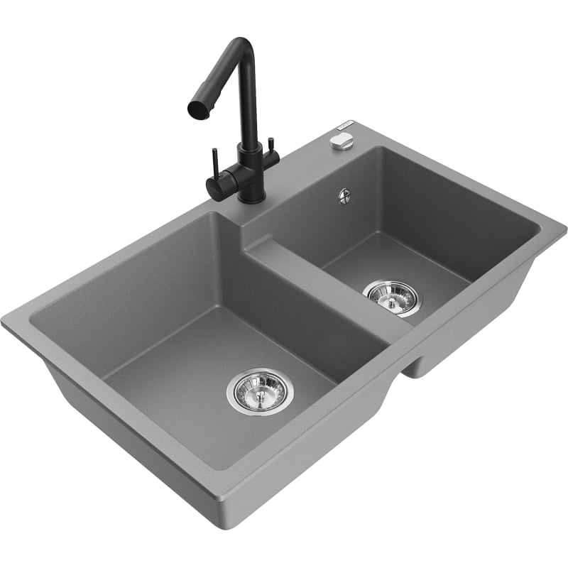 Mexen Tomas granite double-bowl sink with Duero kitchen faucet, gray - 6516-71-671600-70