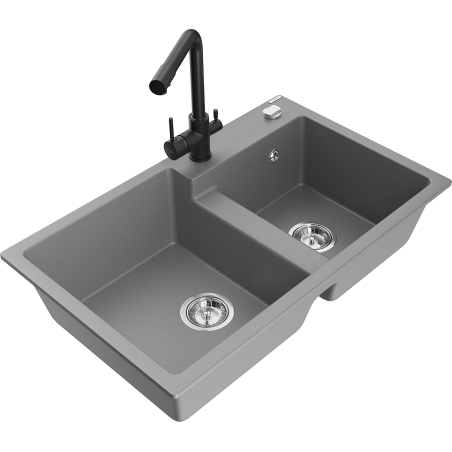 Mexen Tomas 2-Bowl Granite Sink with Duero Kitchen Faucet, Gray - 6516-71-671600-70
