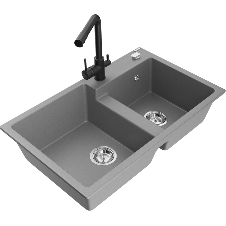 Mexen Tomas granite double-bowl sink with Duero kitchen faucet, gray - 6516-71-671600-70