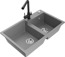 Mexen Tomas 2-Bowl Granite Sink with Duero Kitchen Mixer Tap, Grey - 6516-71-671600-70